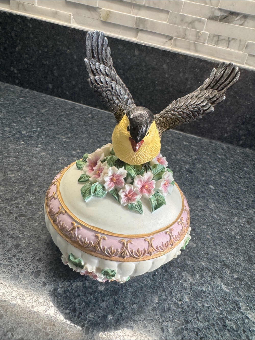 Yellow & Grey Decorative Bird Keepsake Box - Floral Trinket Jewelry Holder
